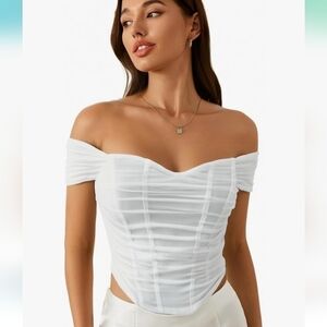 FLOERNS Off Shoulder Corset Mesh Asymmetrical Ruched Crop Top.White.M NWT